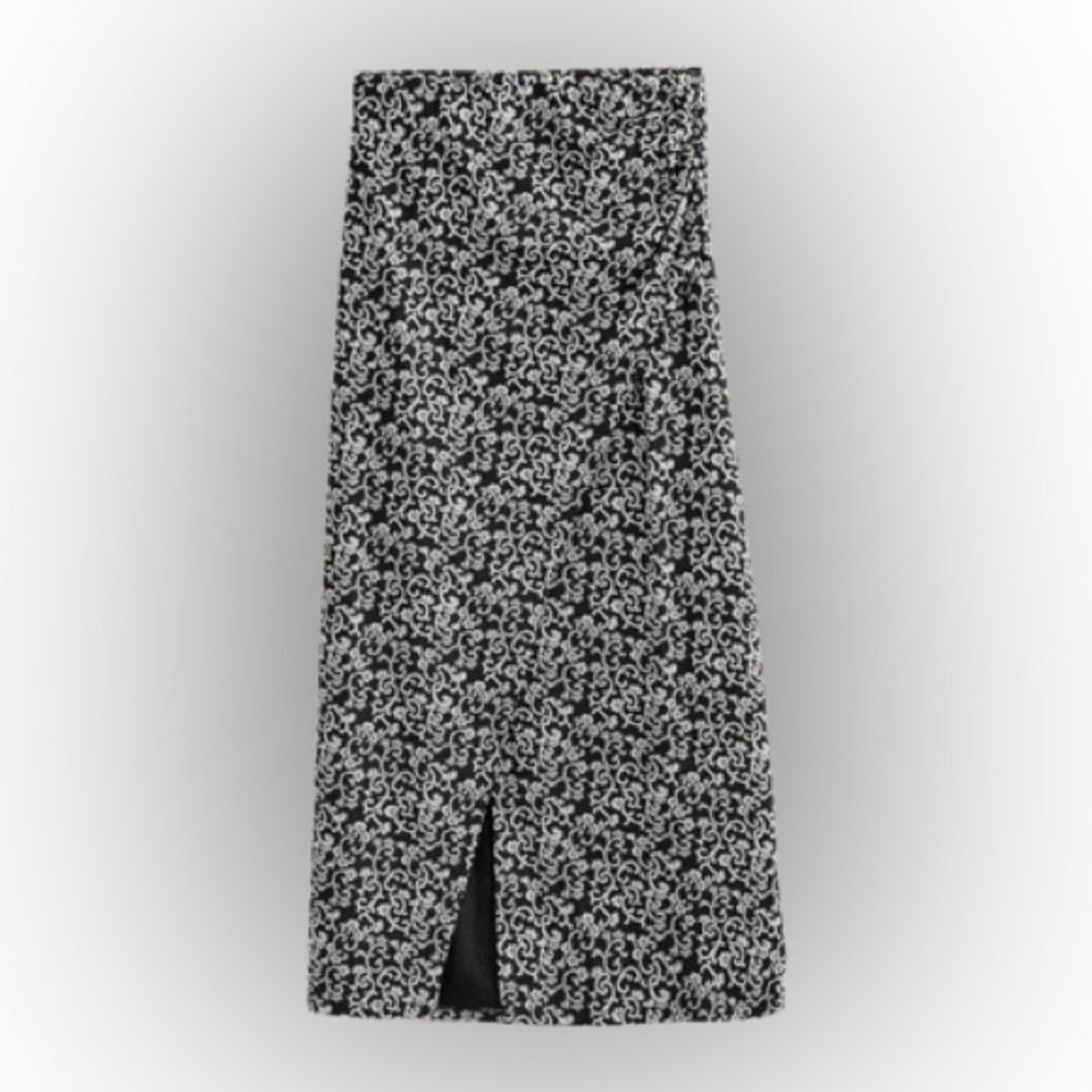 Boden Abstract Vine Print Side Slit Jersey Midi Skirt‎ Black White 20-22R NWT